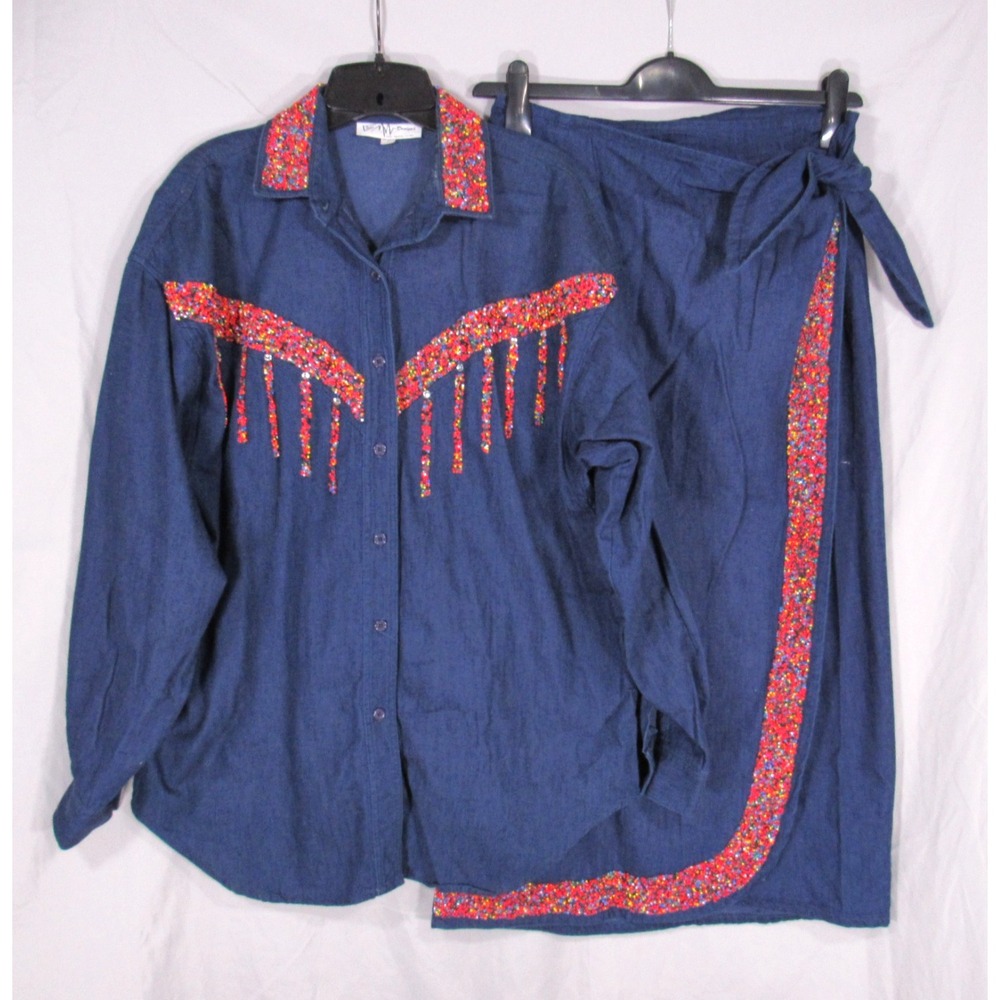 VTG BMW DESIGNS 2-Pc. Dark Denim BEADED/STONES Shirt/Wrap Skirt OUTFIT SET Sz L
